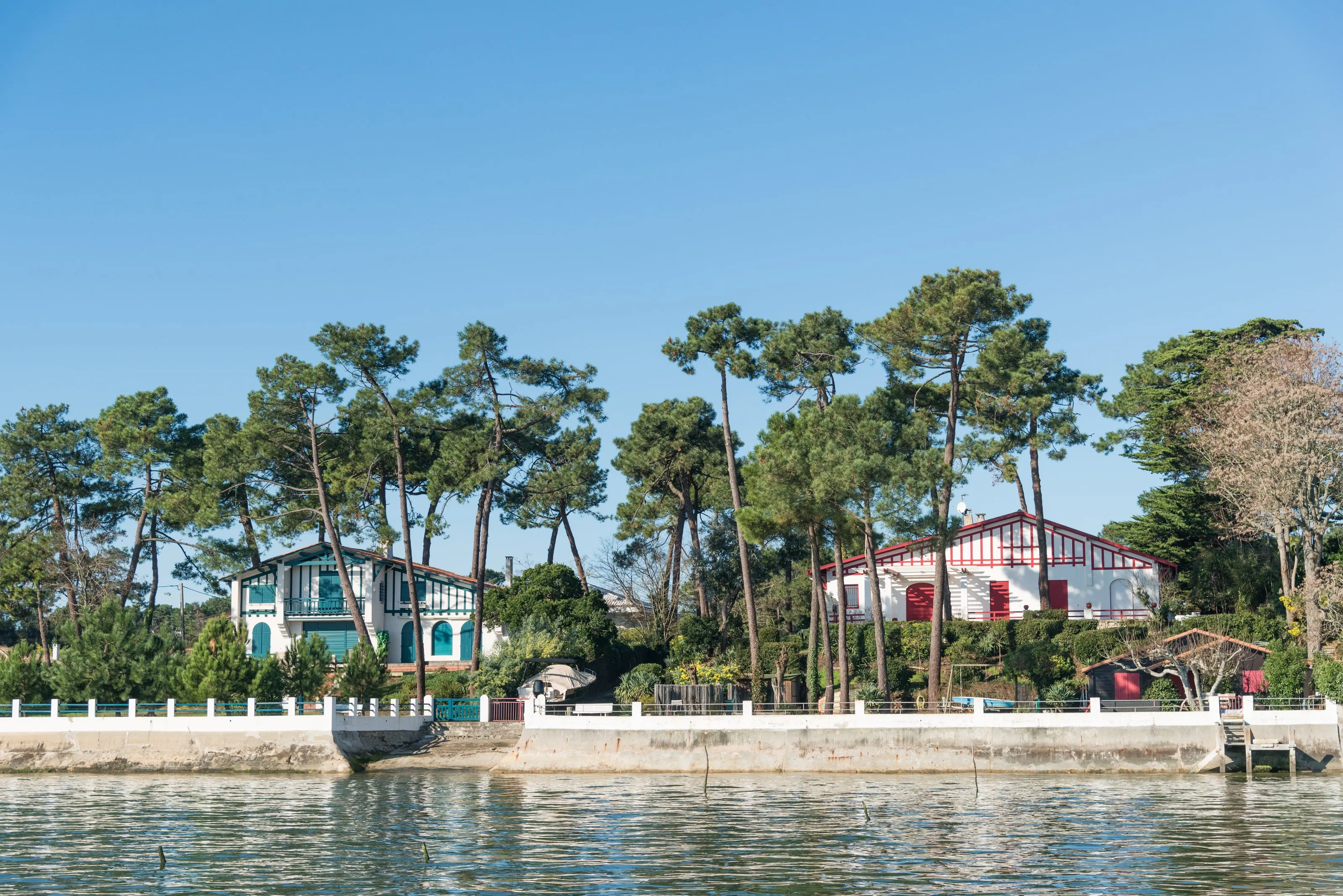 Deux villas du Cap Ferret sous les pins, vues du bassin d’Arcachon