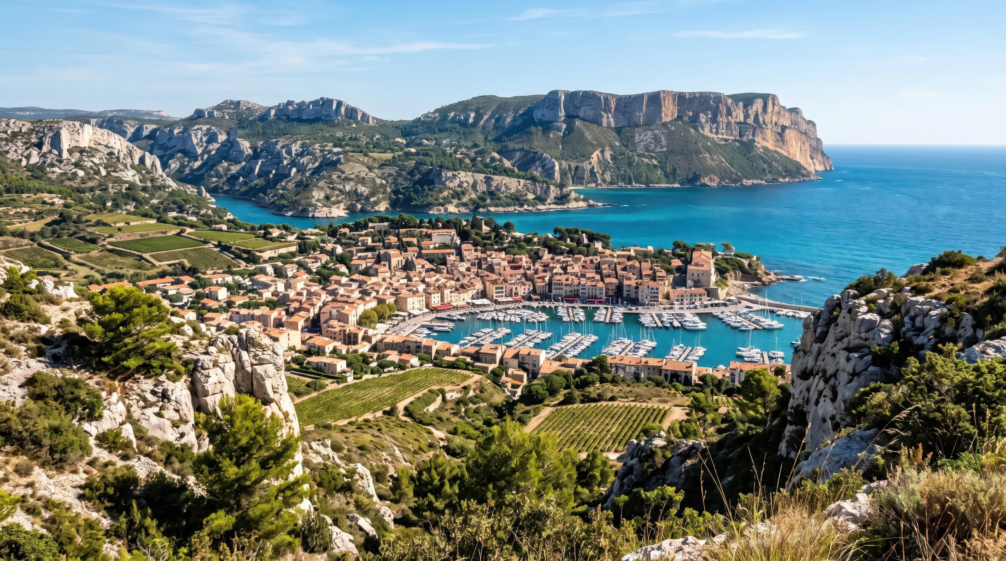 Le port de Cassis vu des hauteurs, les toits et la baie