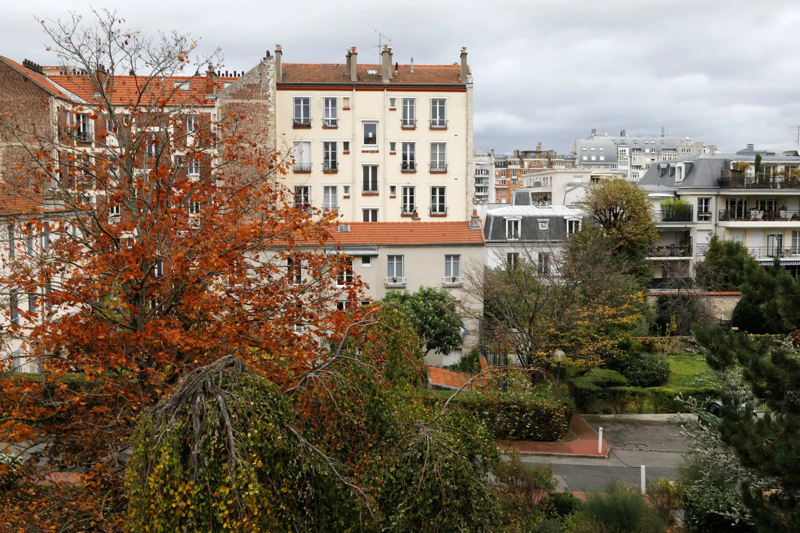 Apartment buildings in Montrouge above the gardens, a tree with autumn leaves in the foreground