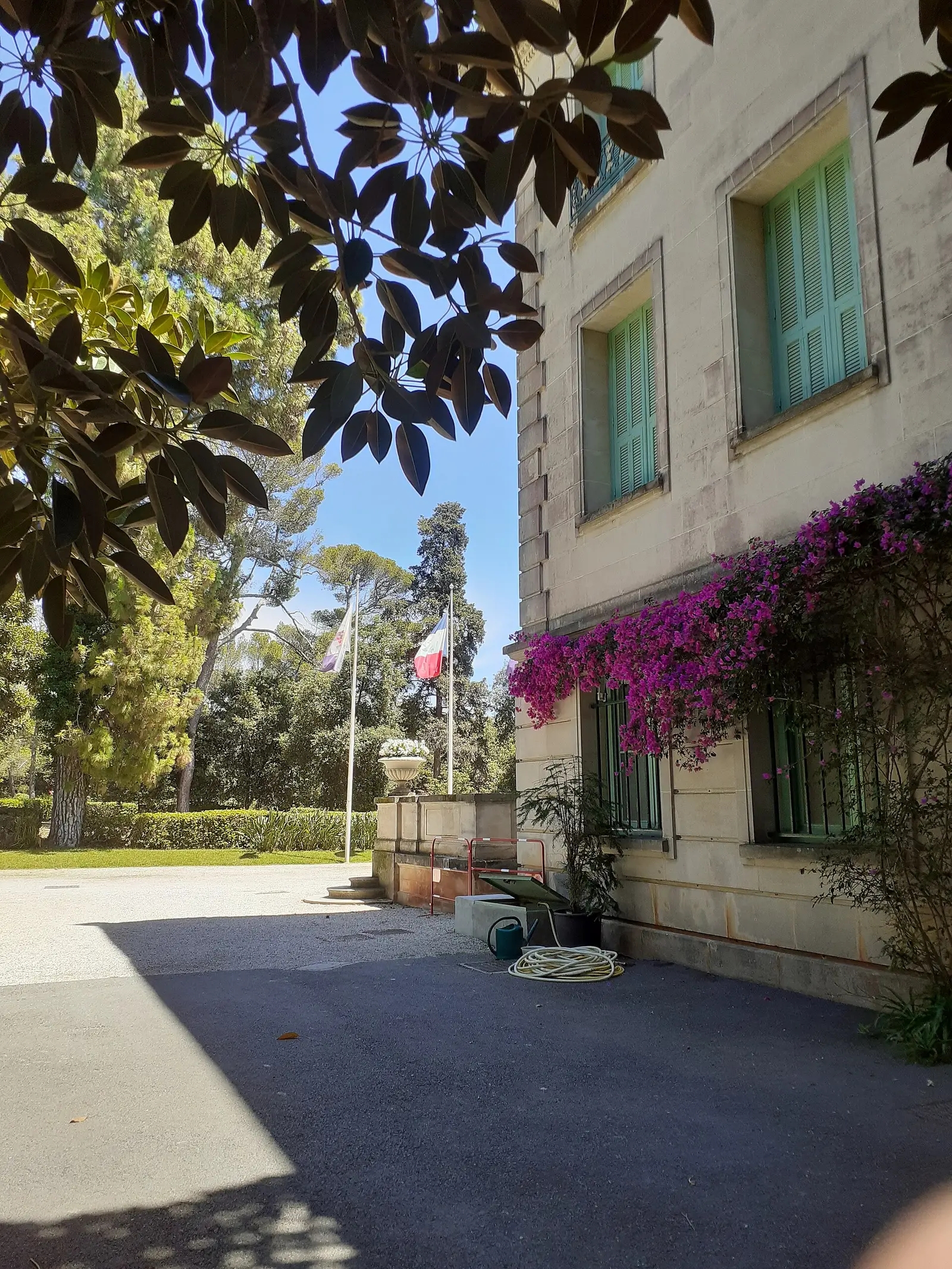 Villa contemporaine blanche à Antibes, baies vitrées et piscine à débordement entre palmiers