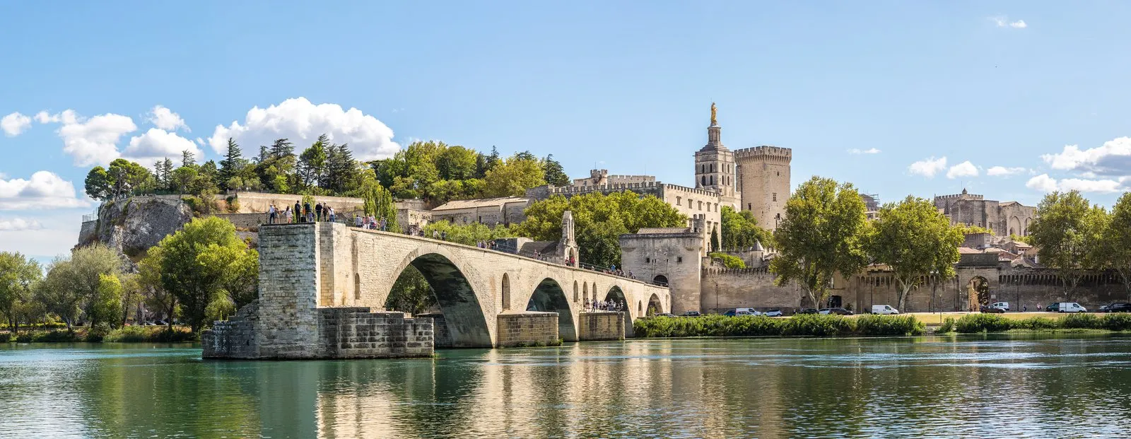 Le pont Saint-Bénézet et le palais des Papes vus du Rhône, à Avignon