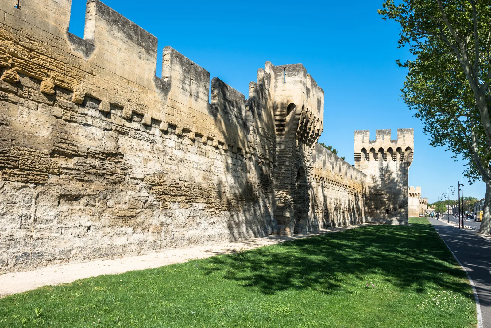 Les remparts d’Avignon, leurs créneaux et leurs tours de pierre au-dessus d’une pelouse, sous le ciel bleu