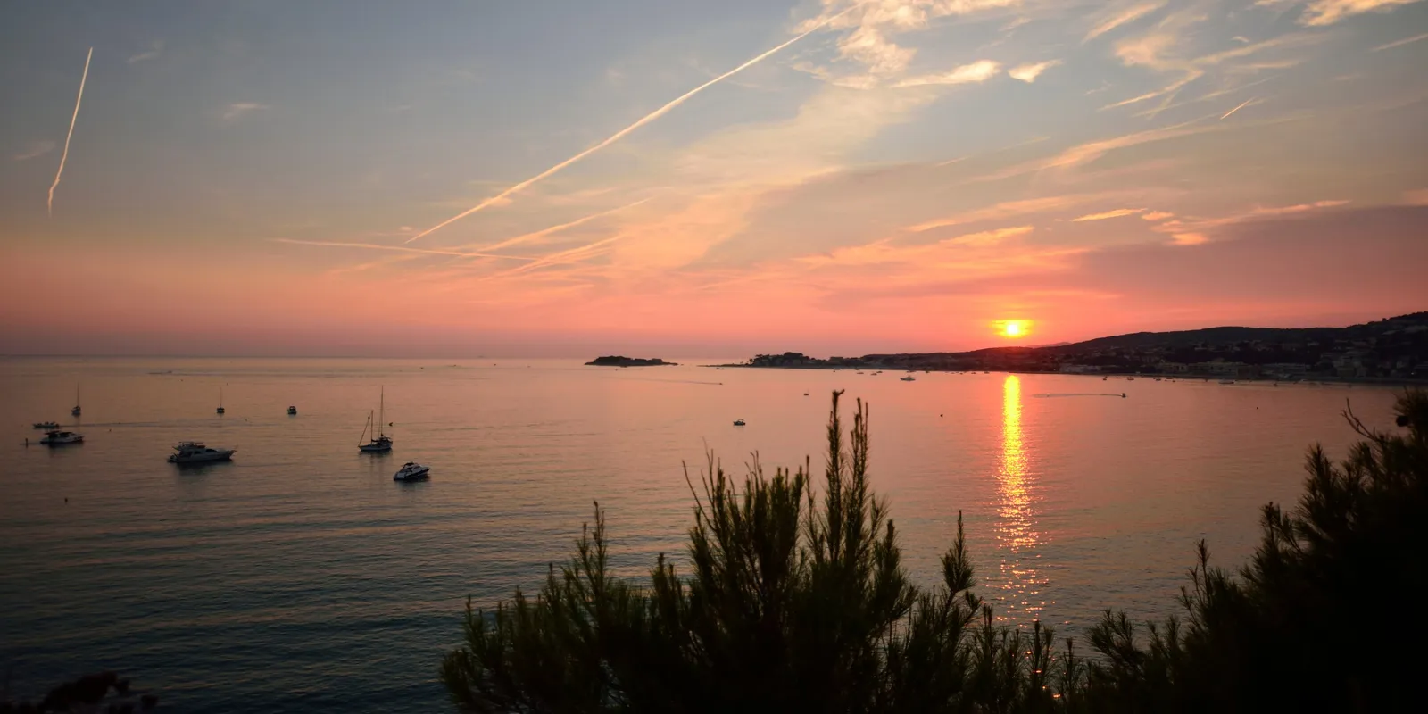 Sunset over the bay of Bandol, sailing boats at anchor and pines in silhouette in the foreground