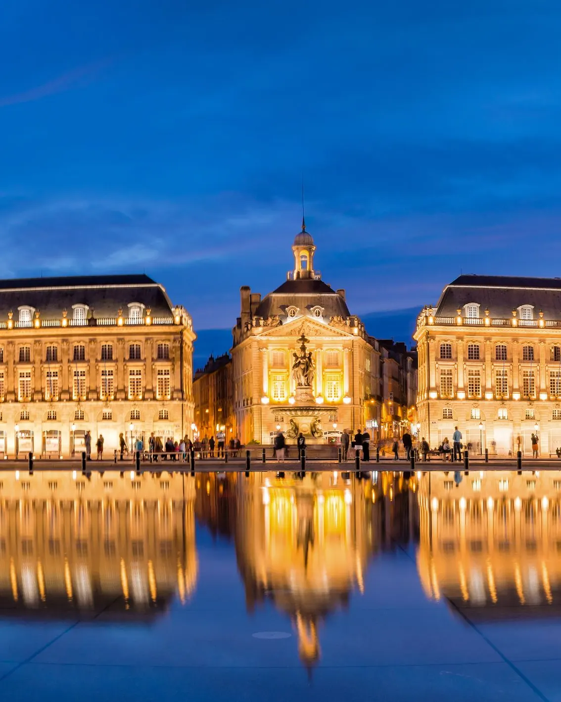 The Place de la Bourse and the water mirror at blue hour, in Bordeaux
