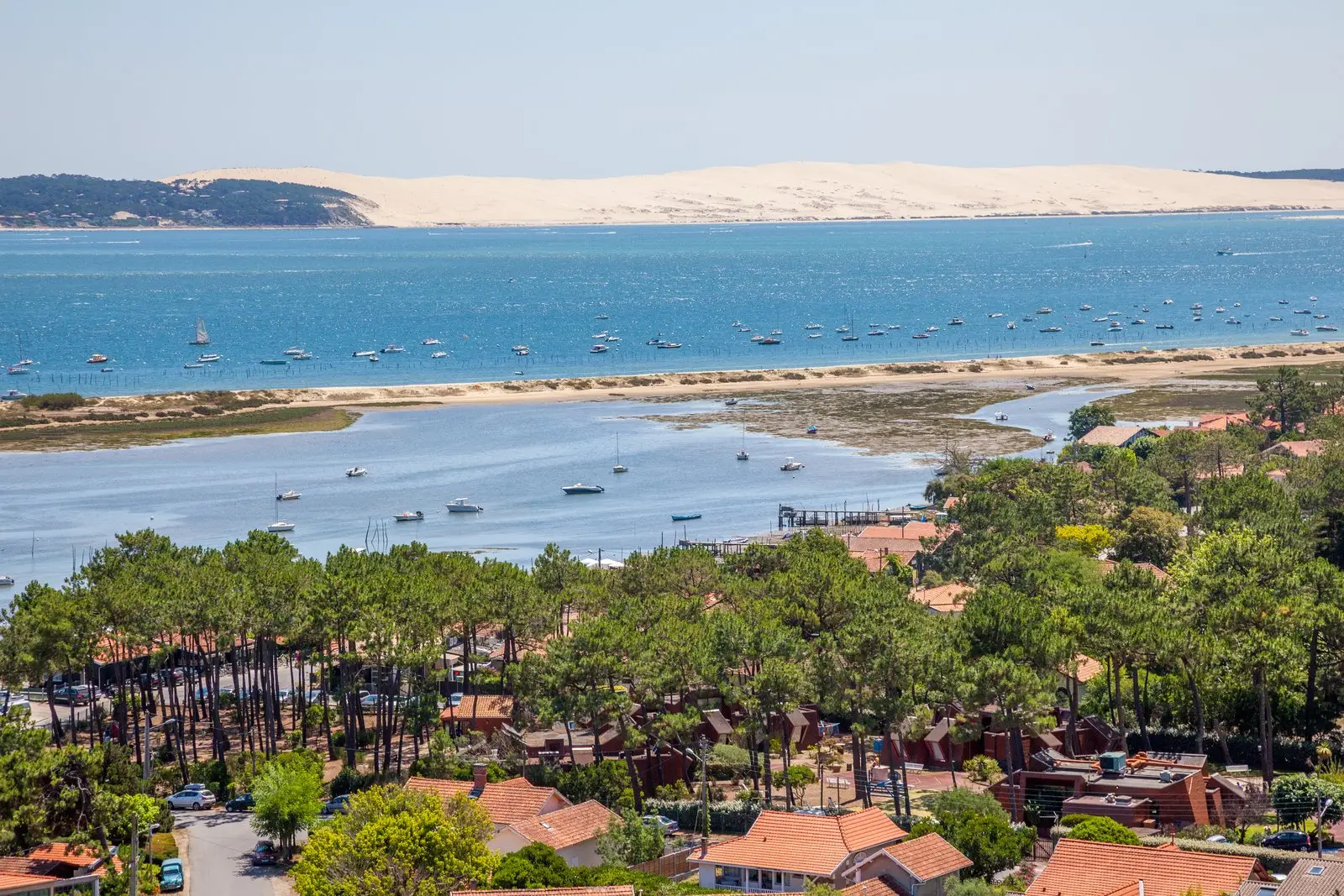 Le Cap Ferret vu d’en haut, ses toits sous les pins et la dune du Pilat en face