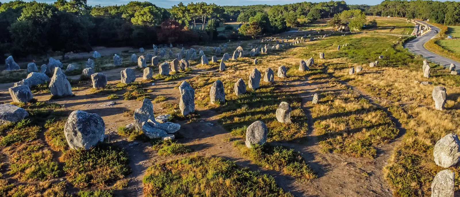 Les alignements de Kermario à Carnac vus d’en haut, les files de menhirs dans la lande au soleil du soir