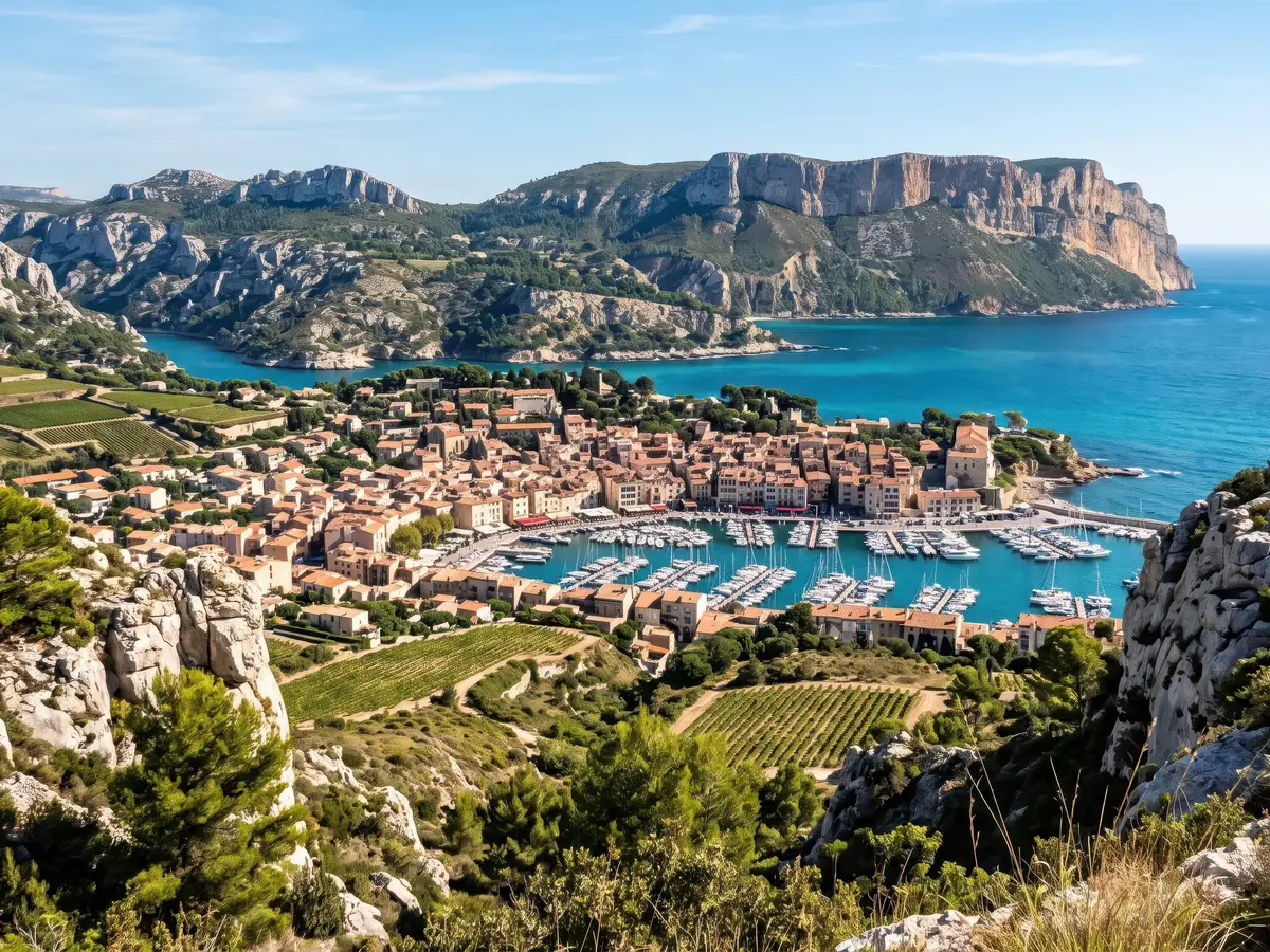 Le port de Cassis vu des hauteurs, les toits et la baie