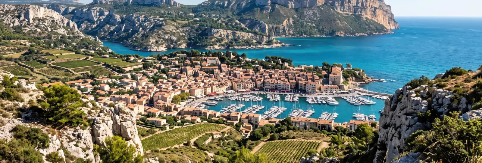 Le port de Cassis vu des hauteurs, les toits et la baie