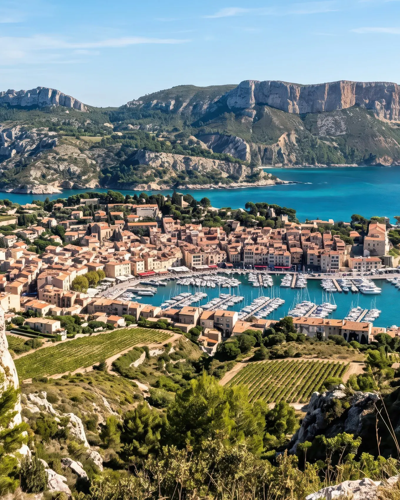 Le port de Cassis vu des hauteurs, les toits et la baie