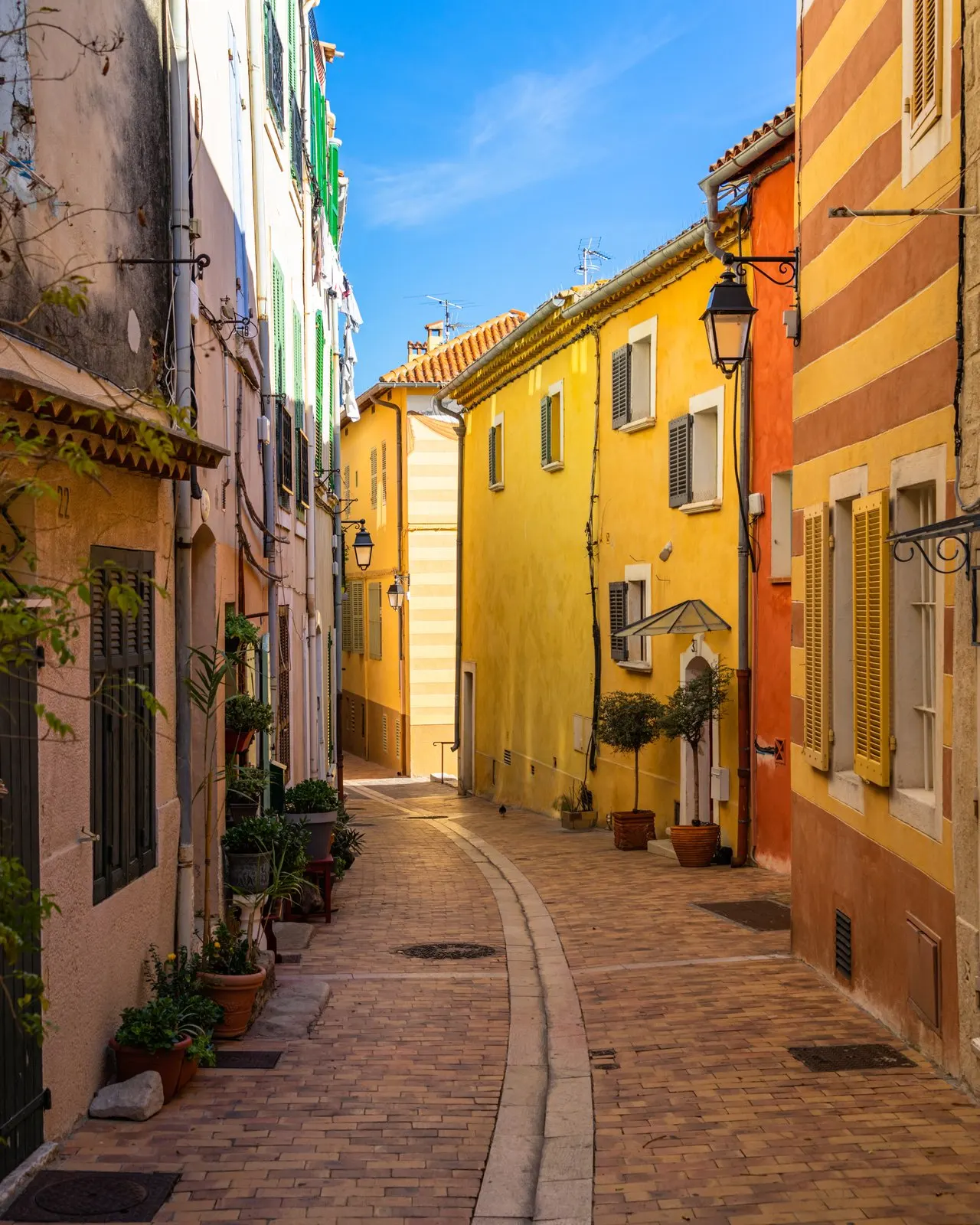 A pedestrian lane in Cassis, with ochre and yellow façades and potted plants
