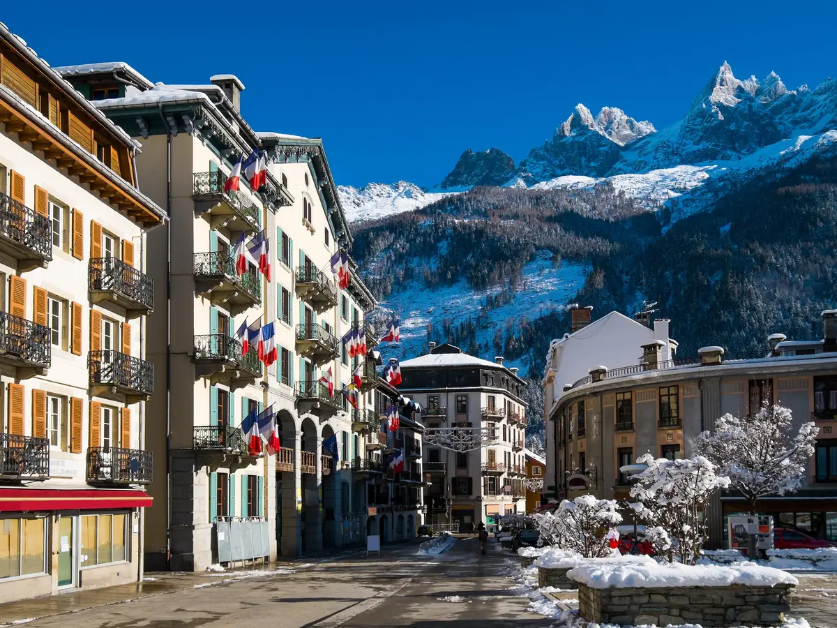 The Mont Blanc massif and the Aiguille du Midi above Chamonix