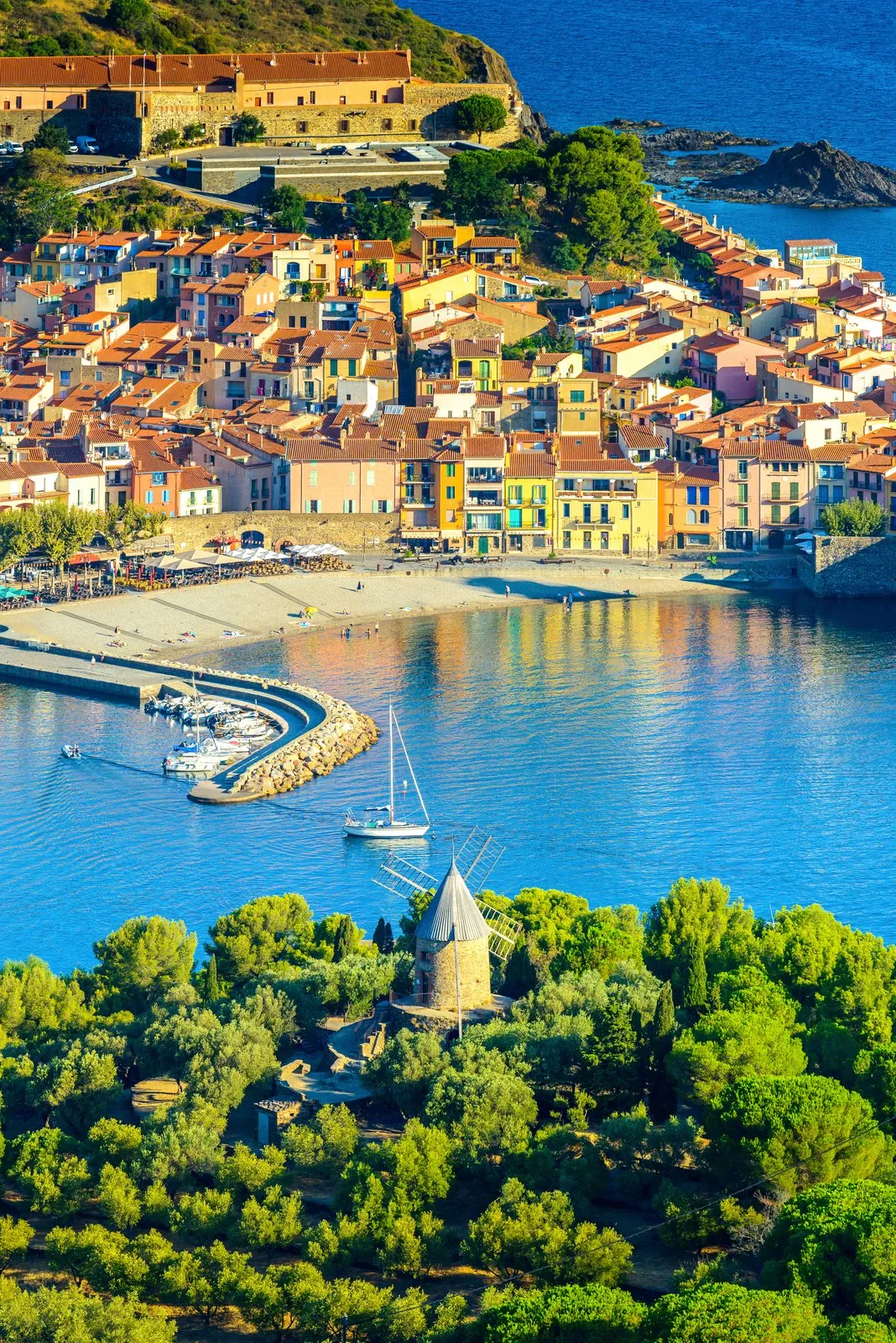 Collioure vue du ciel, ses maisons colorées, sa plage et son port, un moulin dans les pins au premier plan