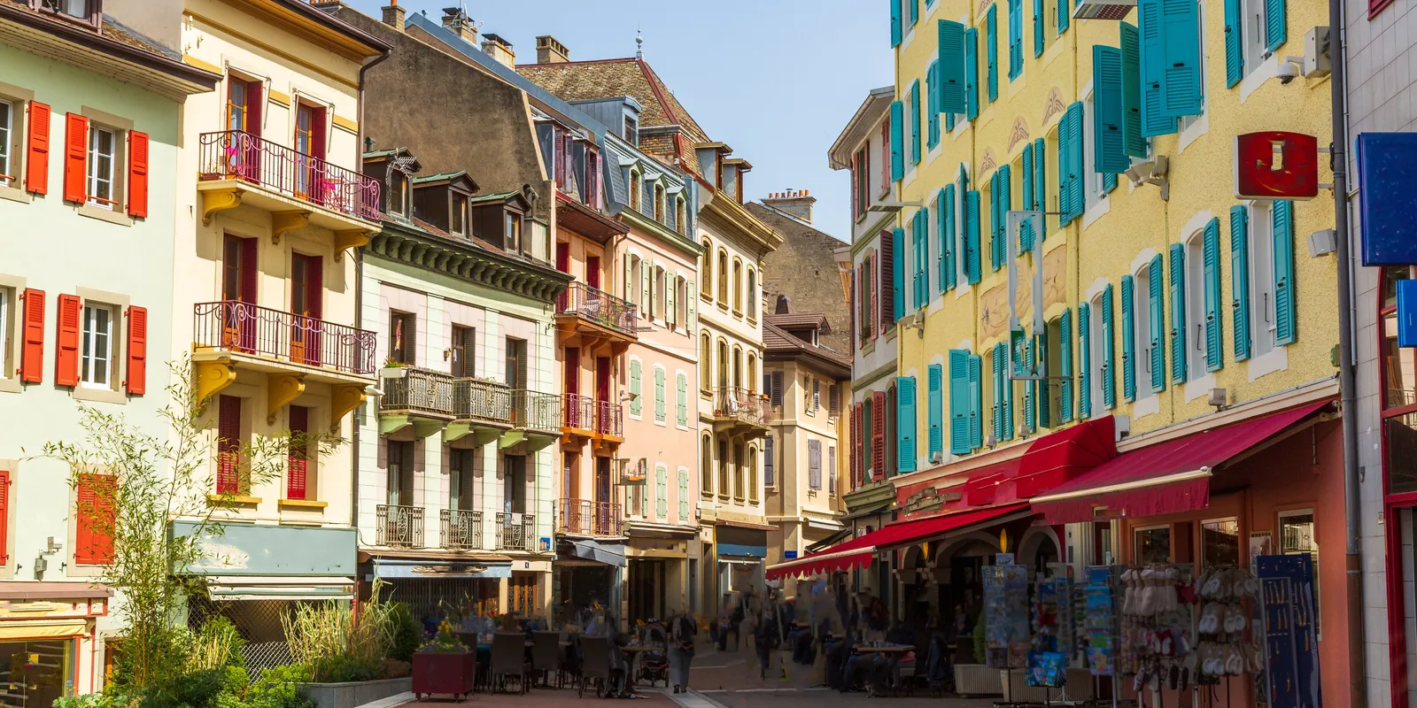 A pedestrian street in Évian-les-Bains and its colourful façades