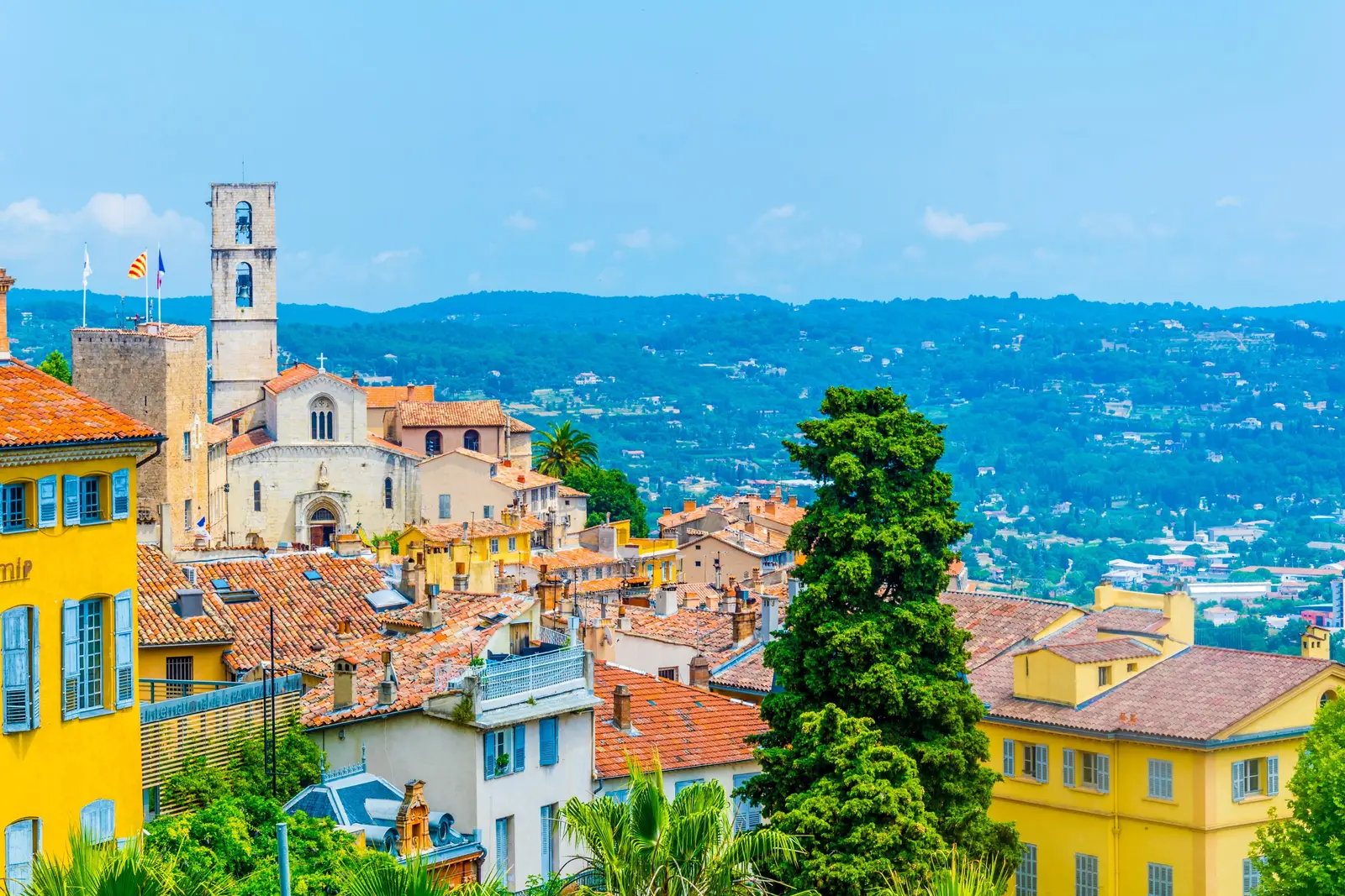 Les toits de la vieille ville de Grasse, le clocher de la cathédrale et des façades jaunes aux volets bleus, les collines jusqu’à l’horizon