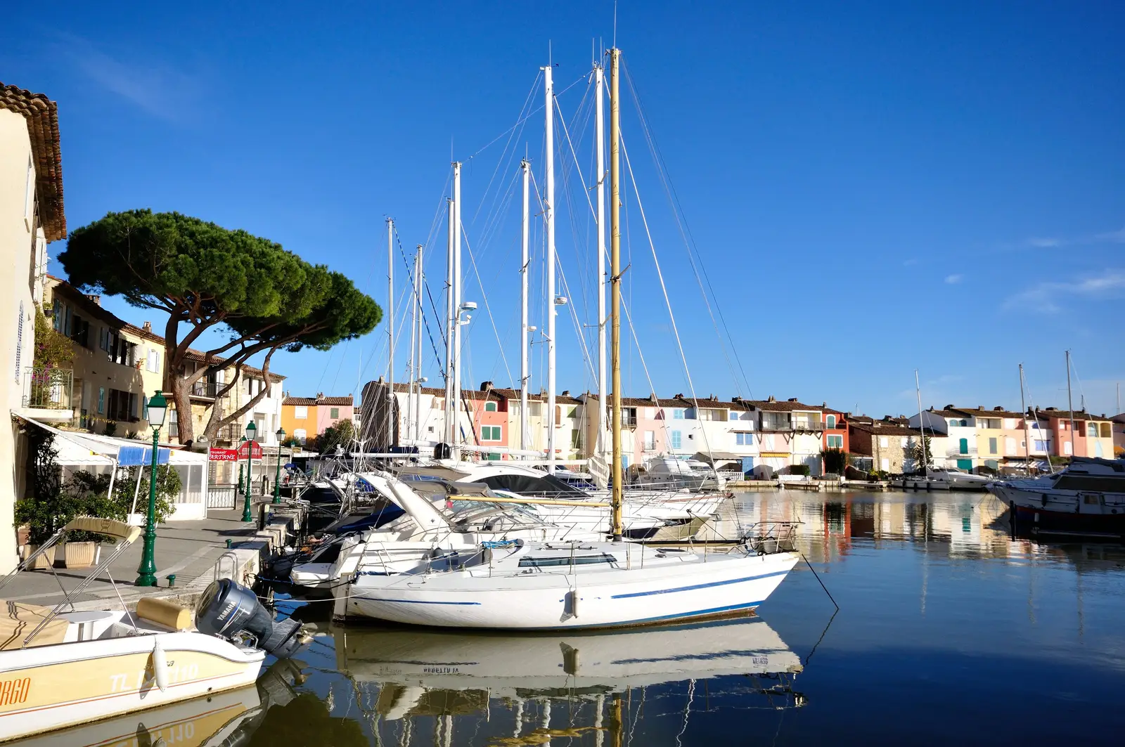Les voiliers à quai à Port Grimaud, ses maisons colorées et un pin parasol sous le ciel bleu