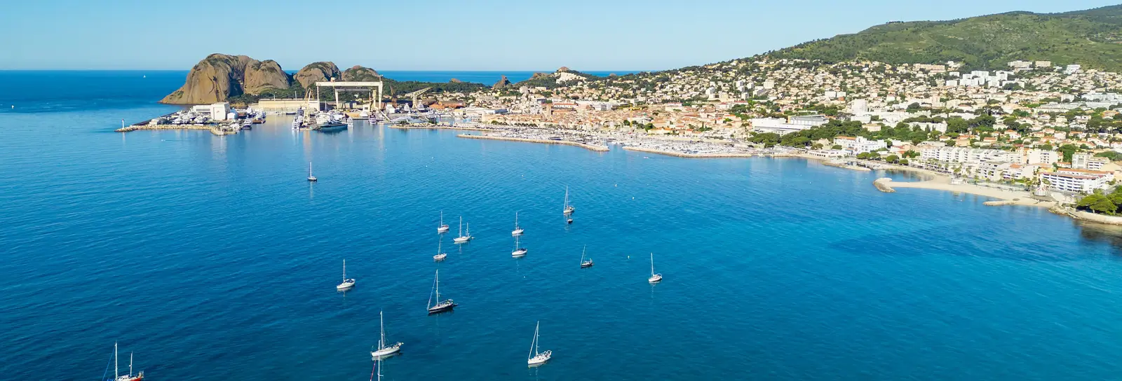 La Ciotat bay from the sky, with yachts at anchor and the Bec de l'Aigle