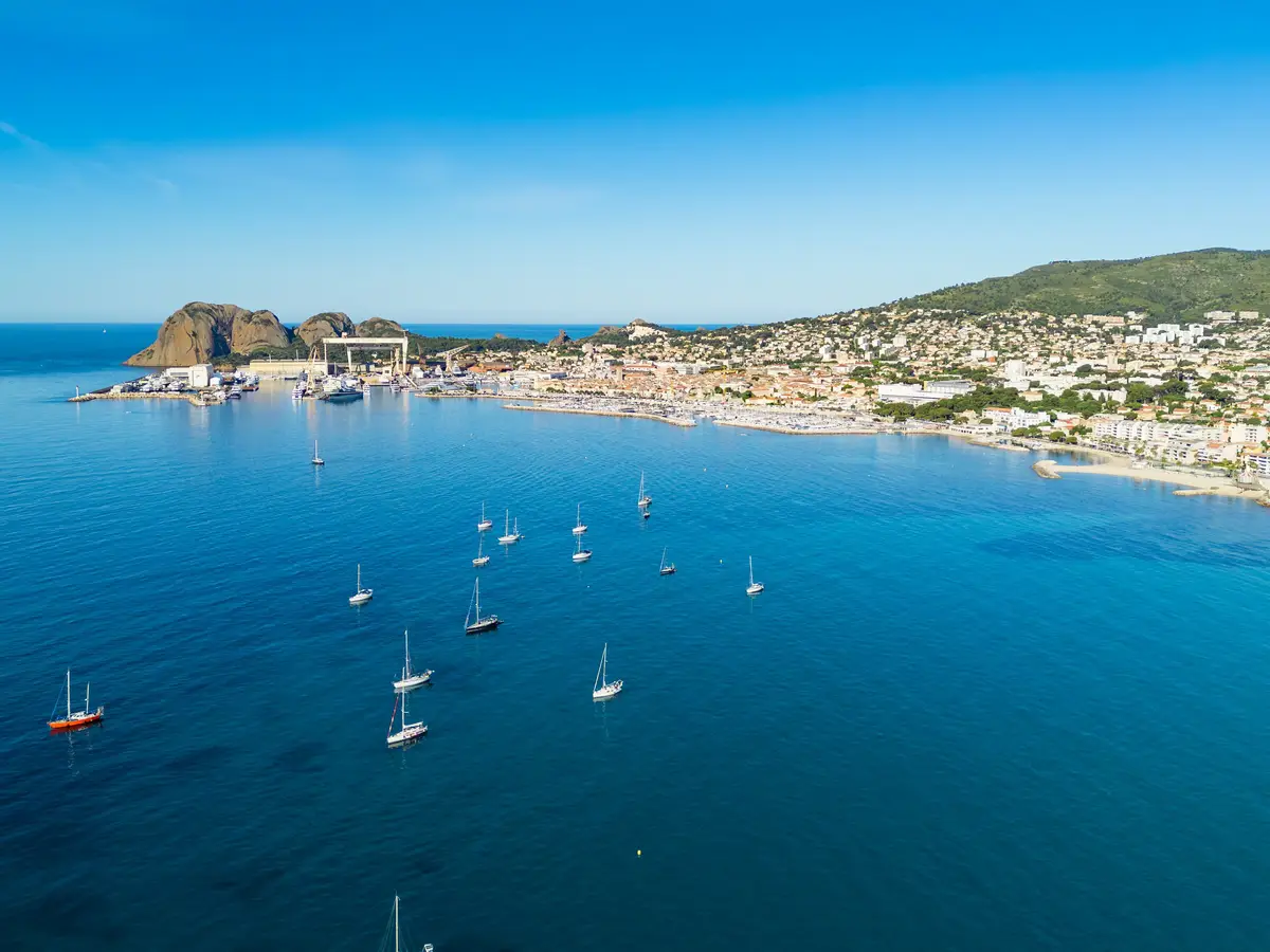 La Ciotat bay from the sky, with yachts at anchor and the Bec de l'Aigle