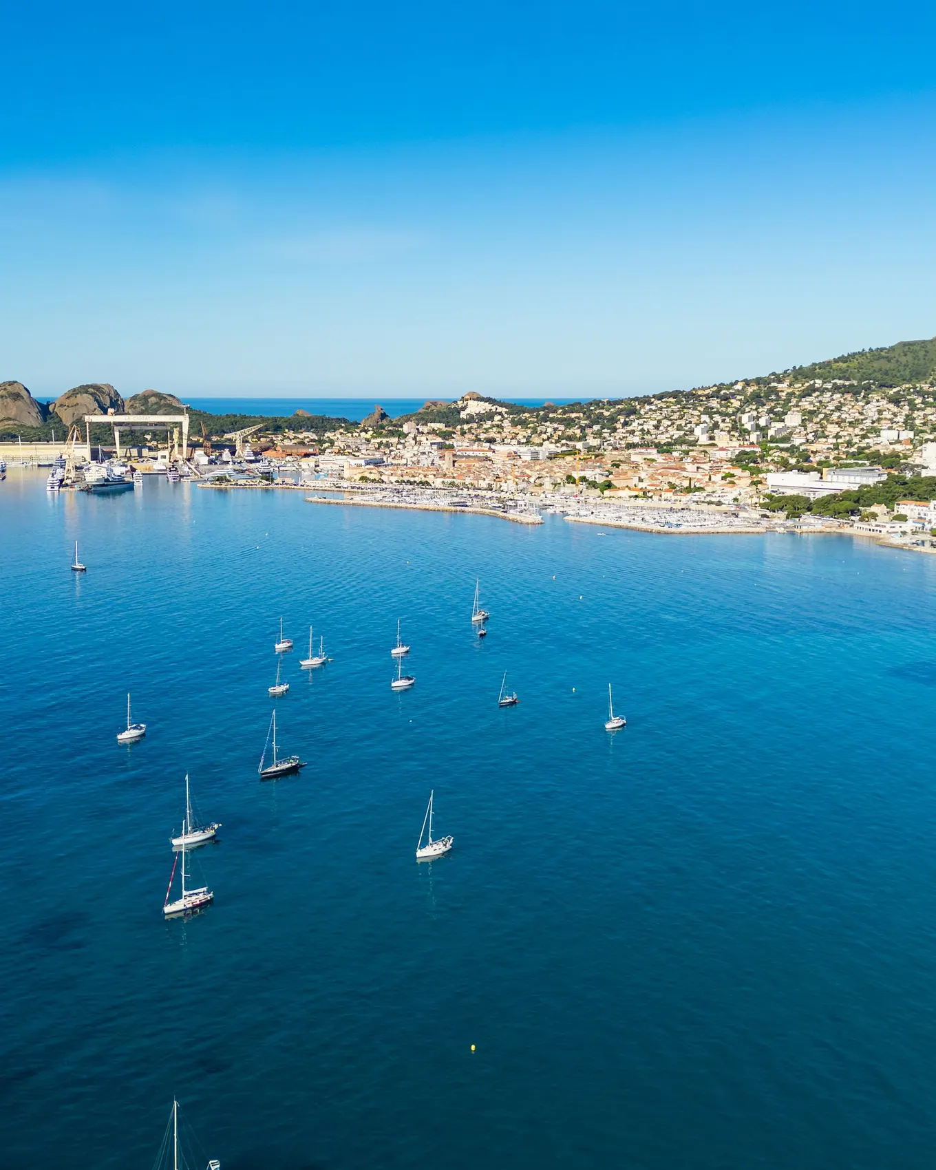La Ciotat bay from the sky, with yachts at anchor and the Bec de l'Aigle