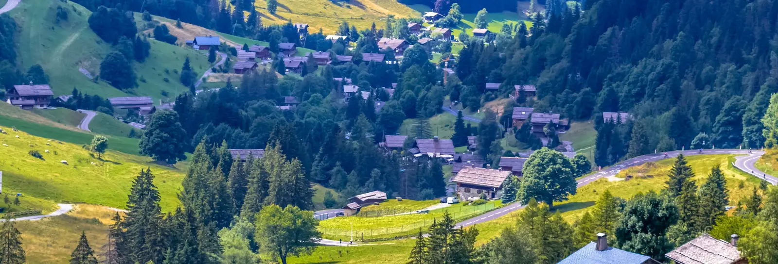 The La Clusaz valley seen from the Col des Aravis, its chalets in the meadows and the spruce forests