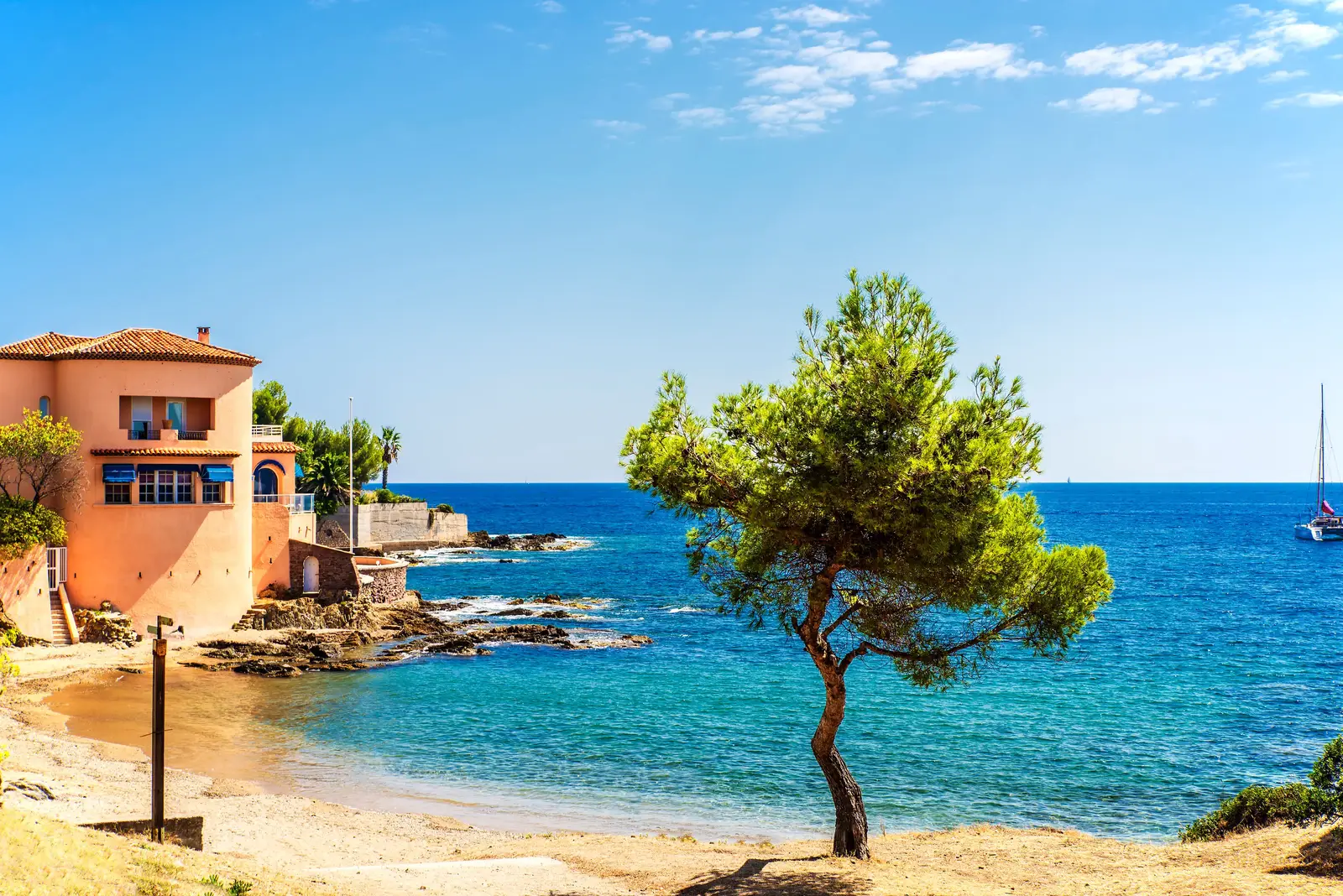 La plage des Gireliers aux Issambres, un pin penché au-dessus de l’eau turquoise et une villa rose au bord des rochers