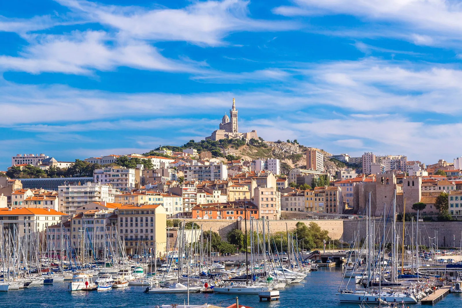 The Vieux-Port and the Basilica of Notre-Dame de la Garde in Marseille
