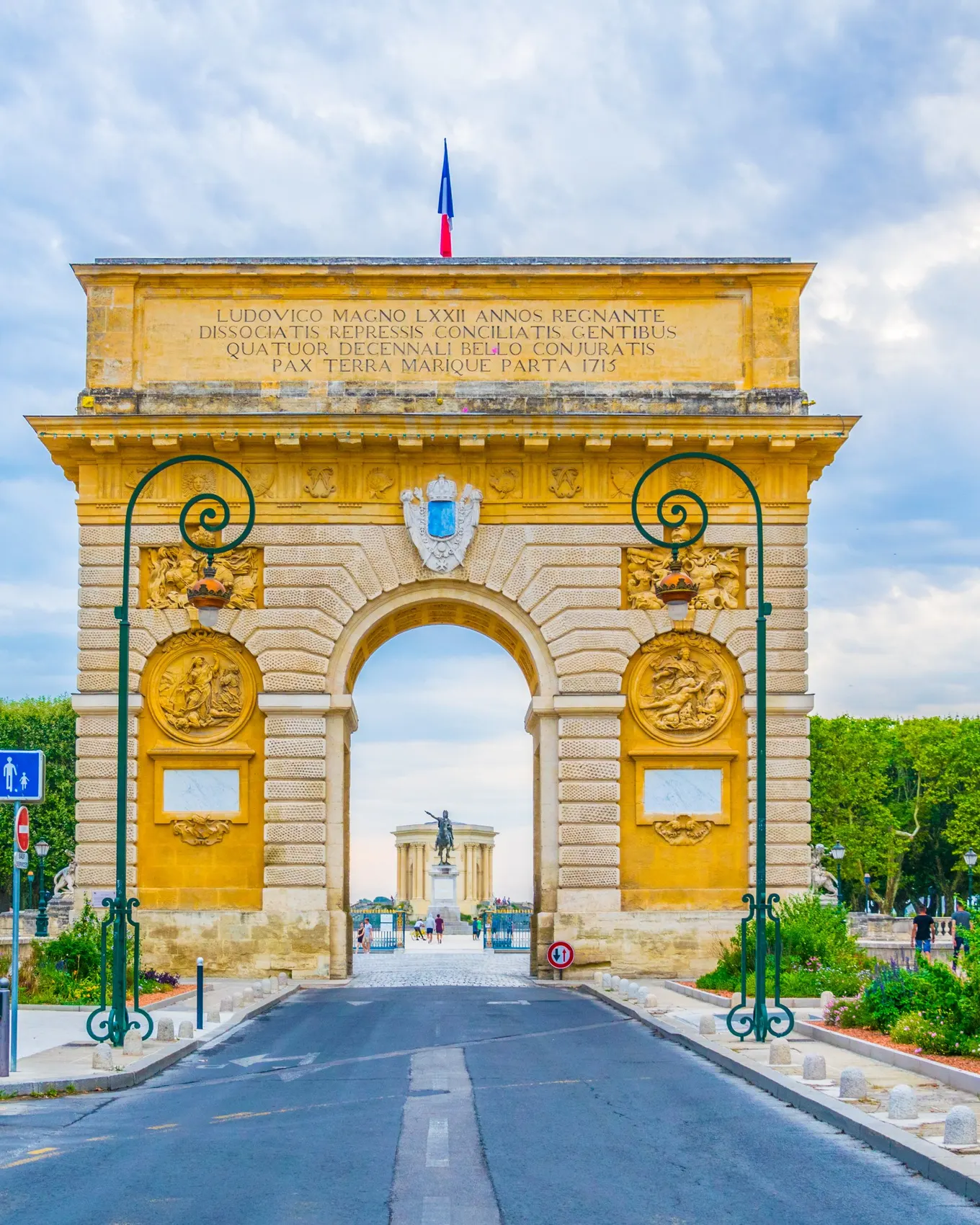 The Porte du Peyrou triumphal arch at the end of rue Foch, in the Écusson, the historic heart of Montpellier