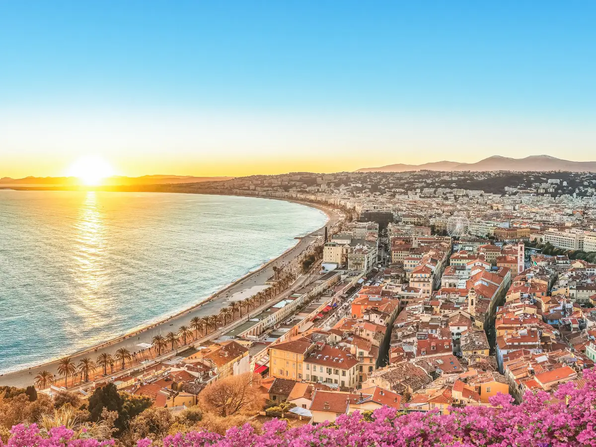The Baie des Anges in Nice at sunset