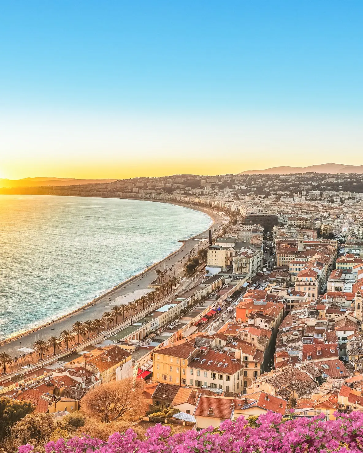 The Baie des Anges in Nice at sunset