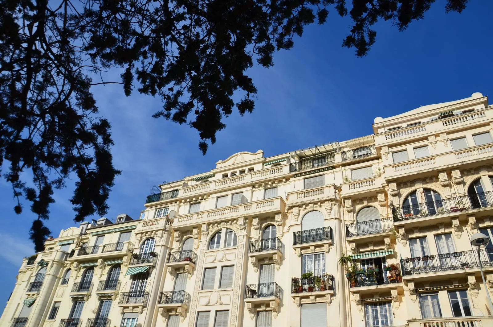 Une façade Belle Époque blanche et ses balcons, sous les arbres