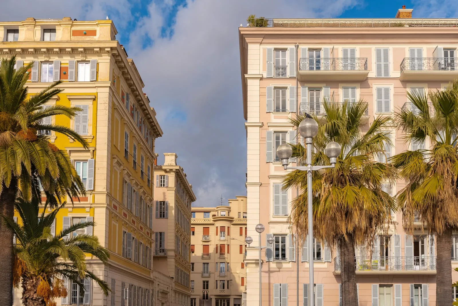 Des immeubles Belle Époque aux façades claires, derrière les palmiers