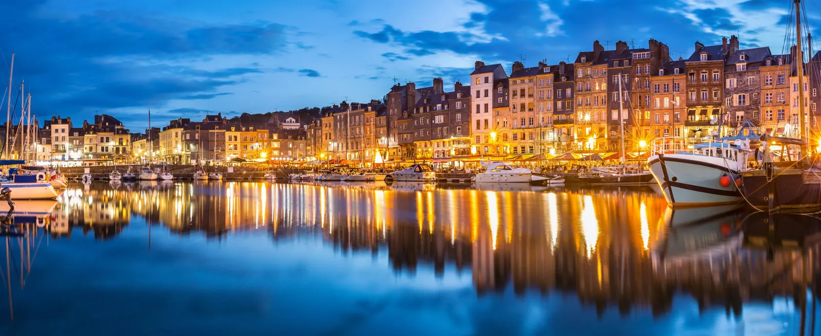 The Vieux Bassin of Honfleur at blue hour, in Normandy