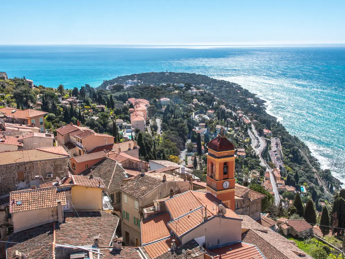 The old village of Roquebrune and its bell tower above Cap Martin and the sea