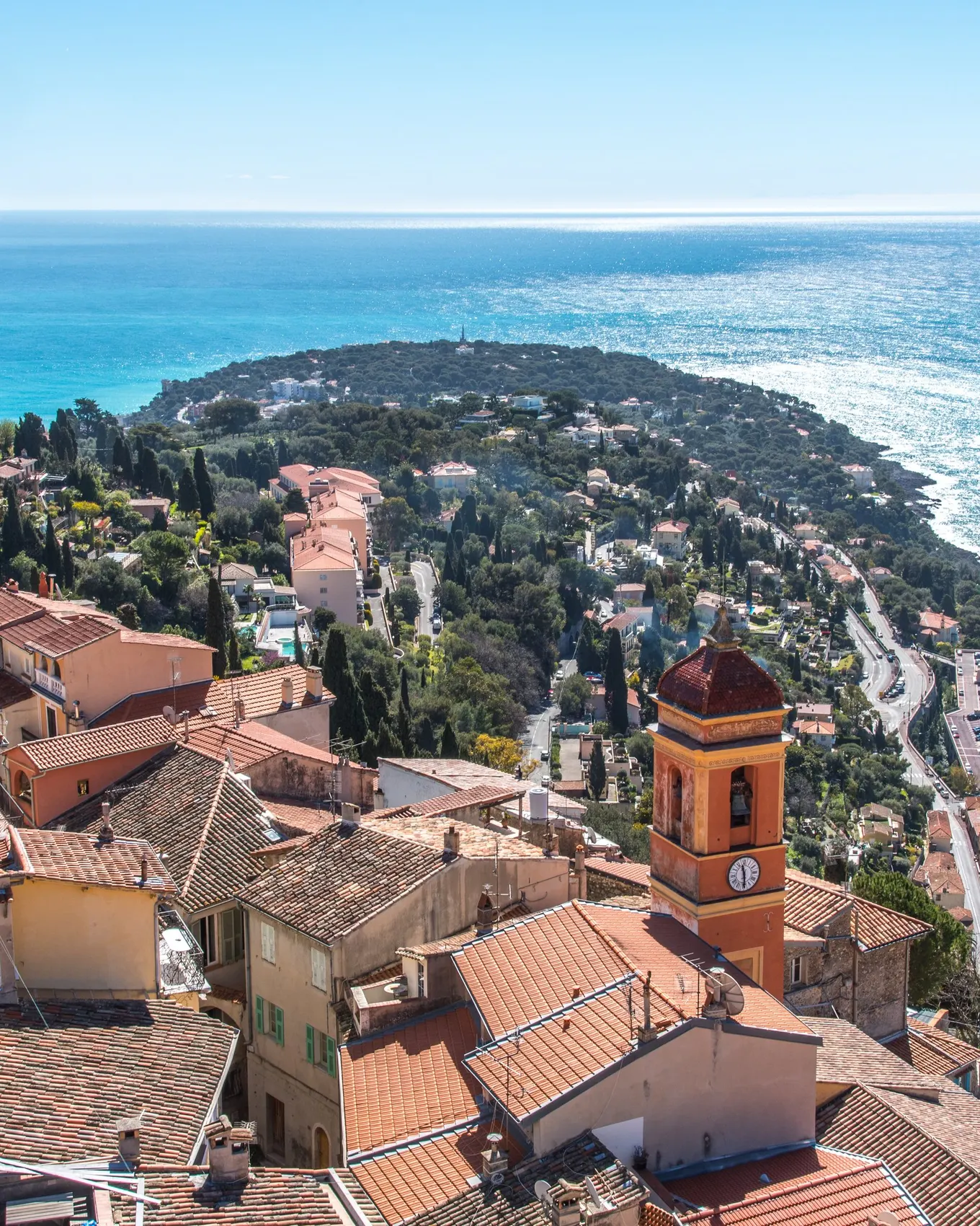 The old village of Roquebrune and its bell tower above Cap Martin and the sea