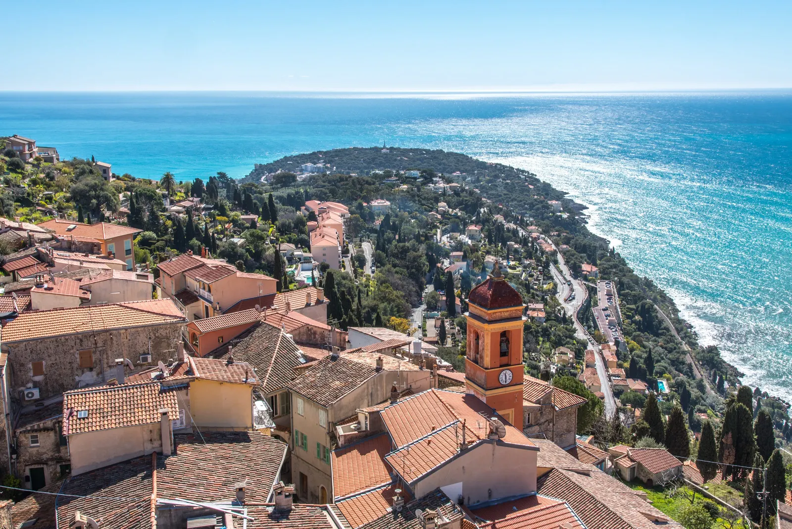 The old village of Roquebrune and its bell tower above Cap Martin and the sea
