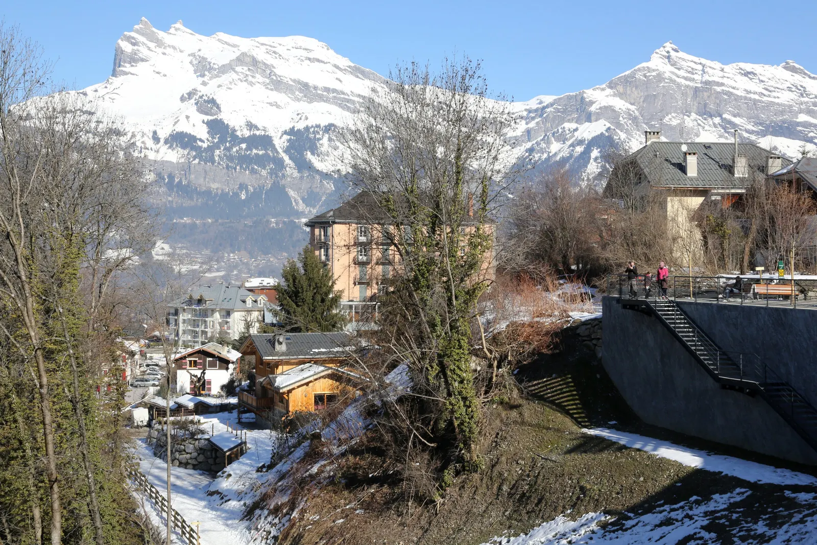The centre of Saint-Gervais-les-Bains in winter, its hotels and chalets beneath the snowy peaks