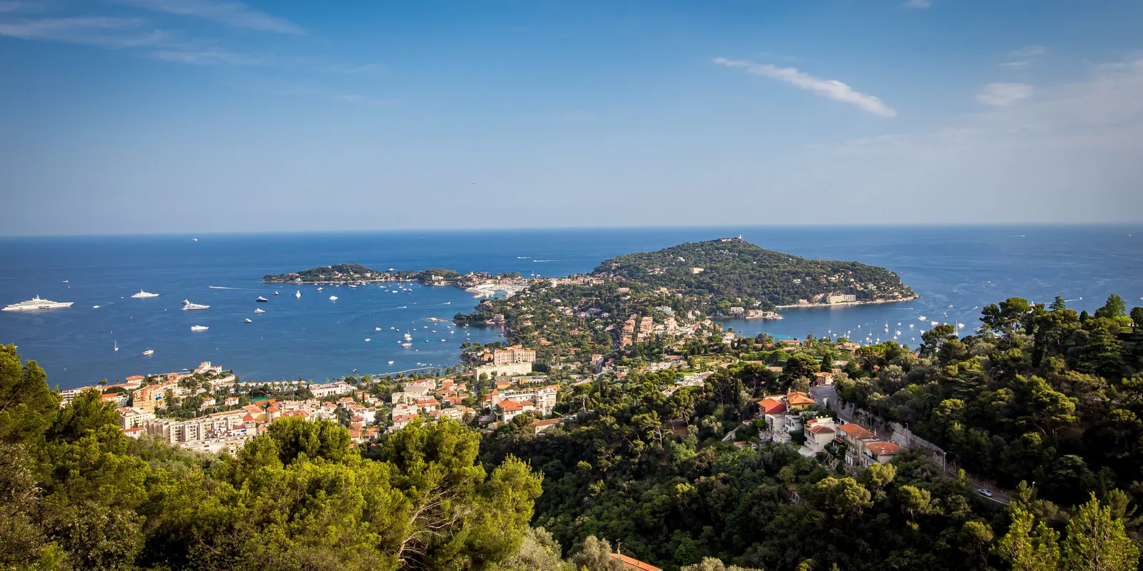 Le cap Ferrat vu des hauteurs, sa colline boisée et ses villas, les yachts au mouillage dans la baie