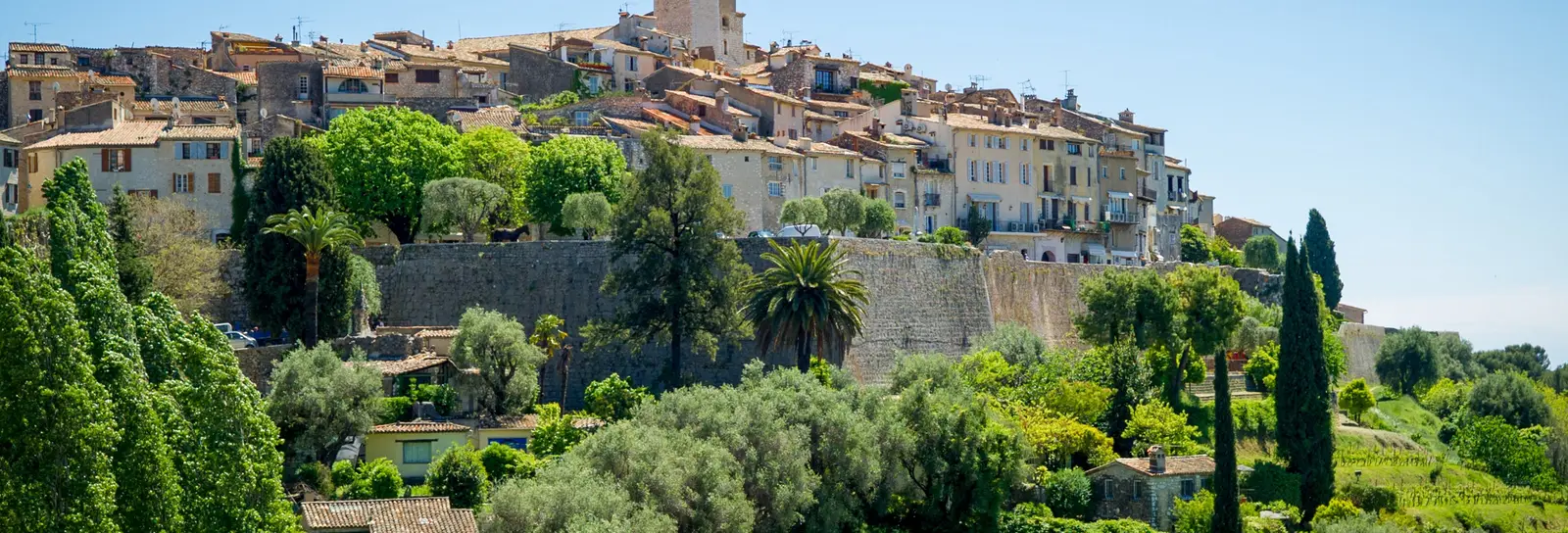 Saint-Paul-de-Vence on its hill: the ramparts, the bell tower and the village above olive trees and cypresses