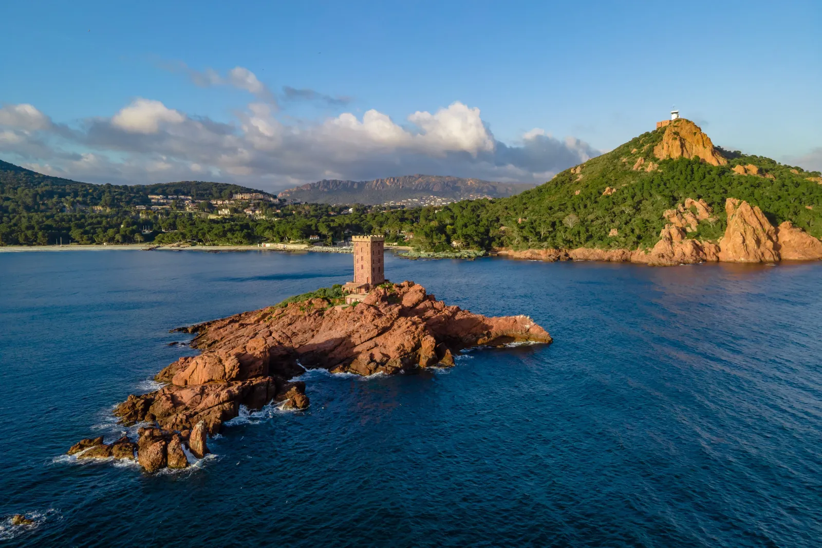 The Île d’Or and its red stone tower below Cap Dramont, Saint-Raphaël