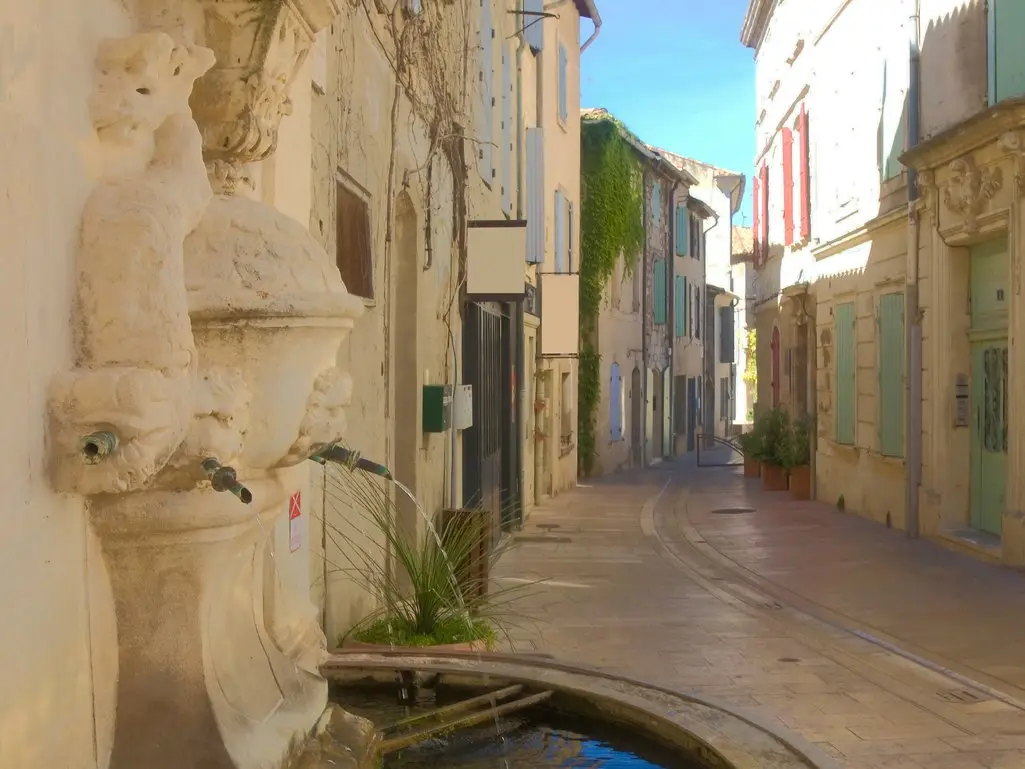 La fontaine Nostradamus dans une rue du centre de Saint-Rémy-de-Provence, sa vasque de pierre et ses façades claires