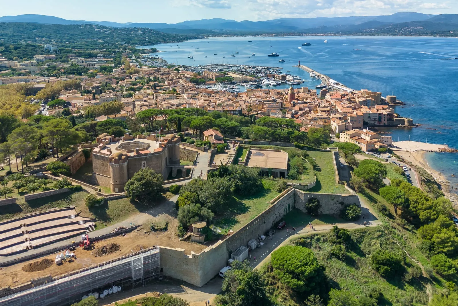 The citadel and its keep above the port, seen from the air