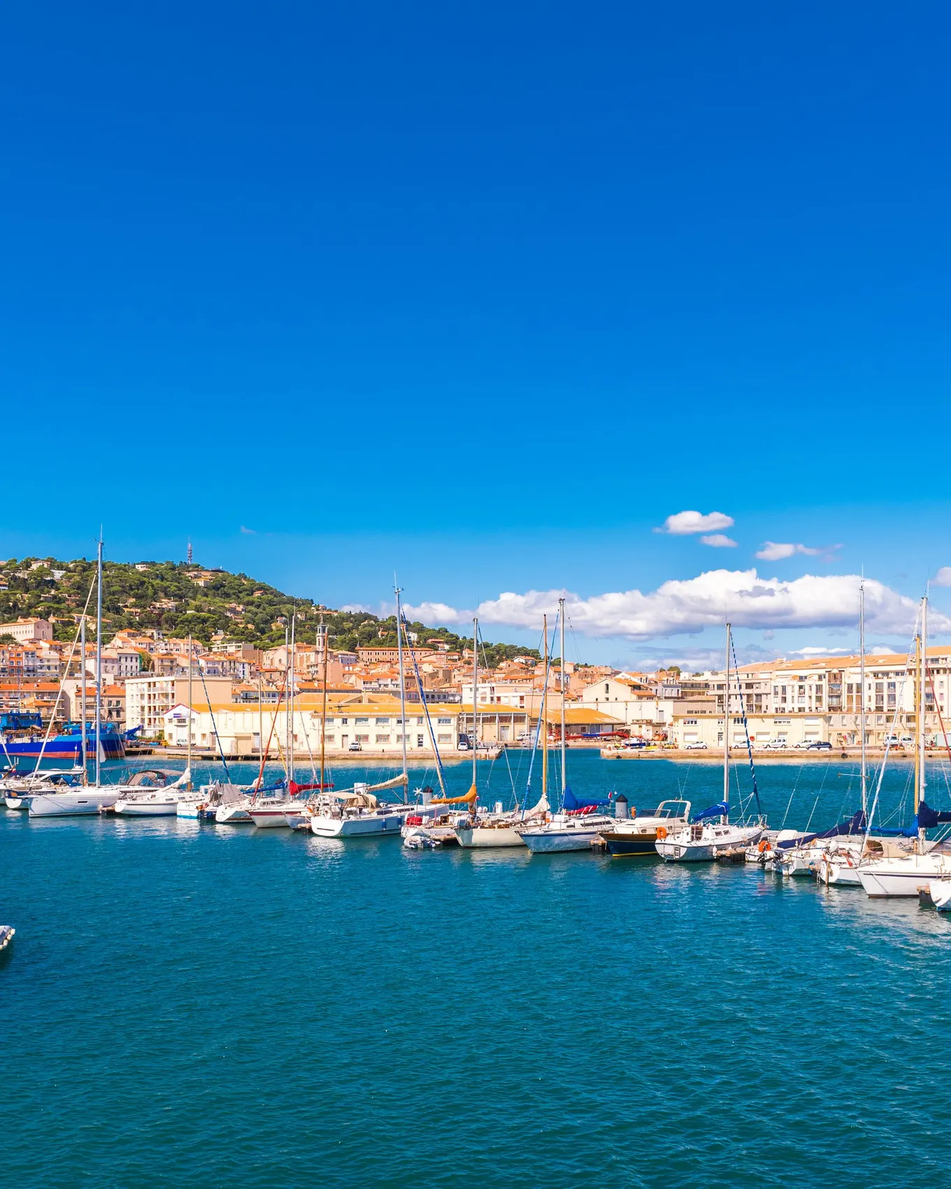 Le port de plaisance de Sète, ses voiliers amarrés et les façades des quais au pied du mont Saint-Clair