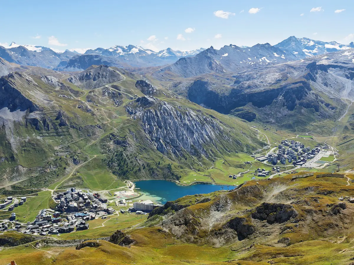 The Lac de Tignes and its resorts in summer, beneath the peaks of the Vanoise