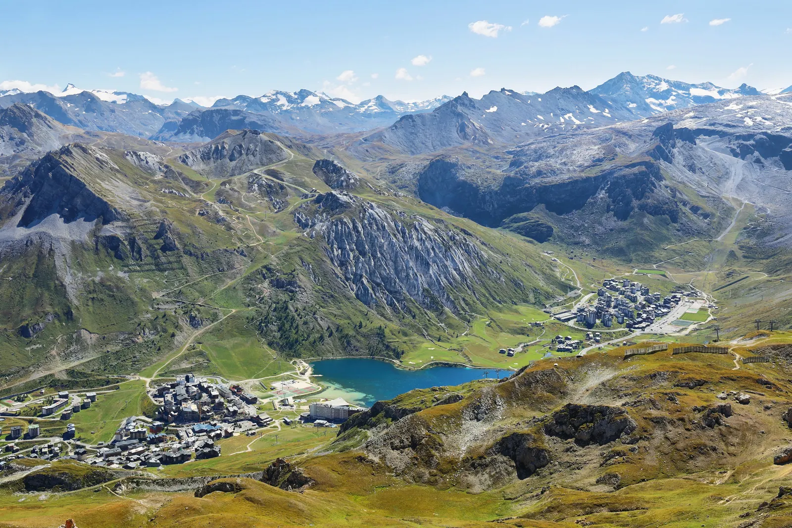The Lac de Tignes and its resorts in summer, beneath the peaks of the Vanoise