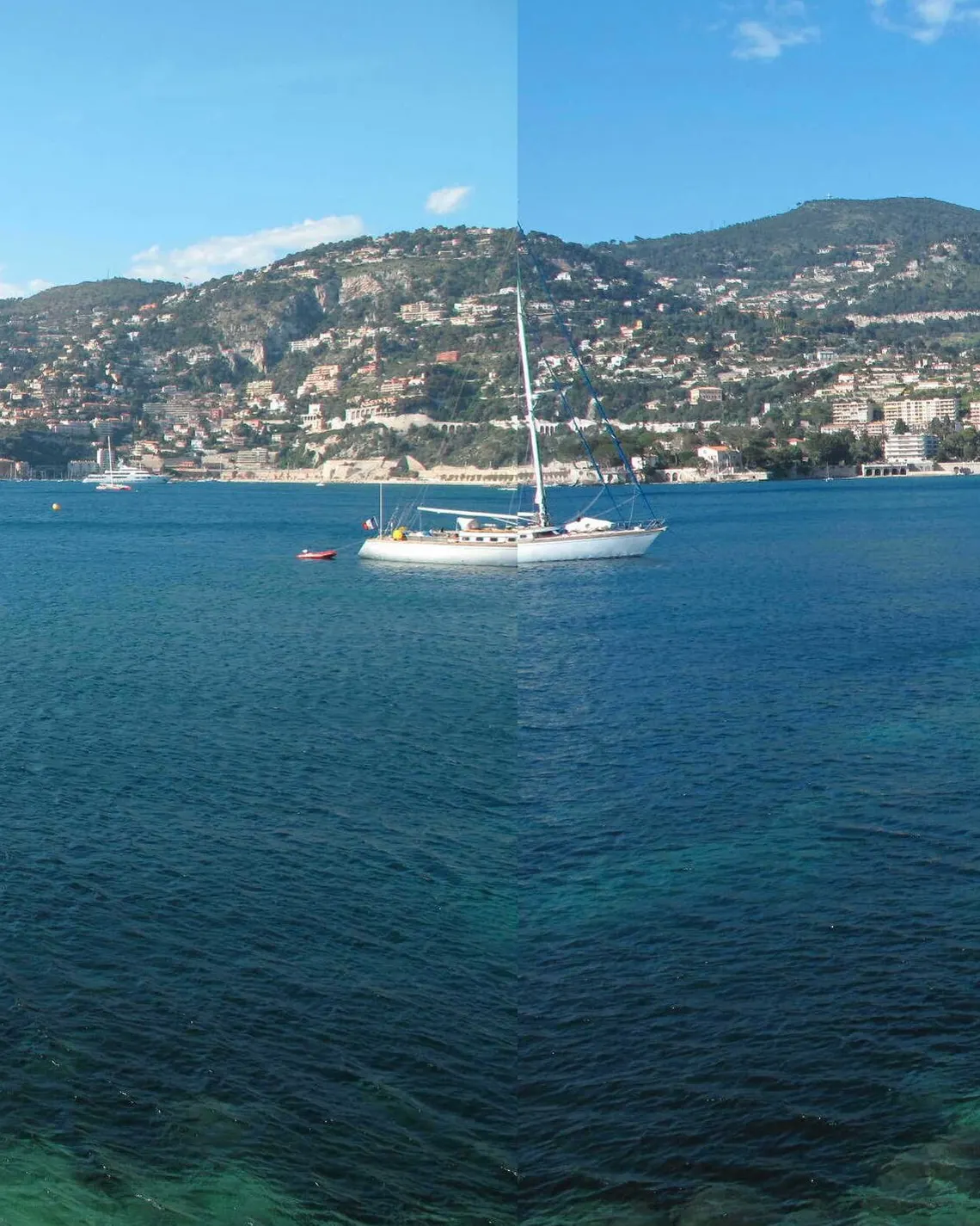 A rada de Villefranche-sur-Mer e a cidade velha à beira da água, vista das alturas