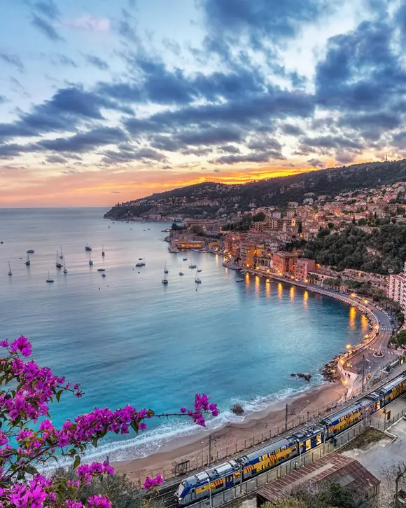 The bay of Villefranche-sur-Mer and its houses at sunset, seen from the heights through flowering bougainvillea